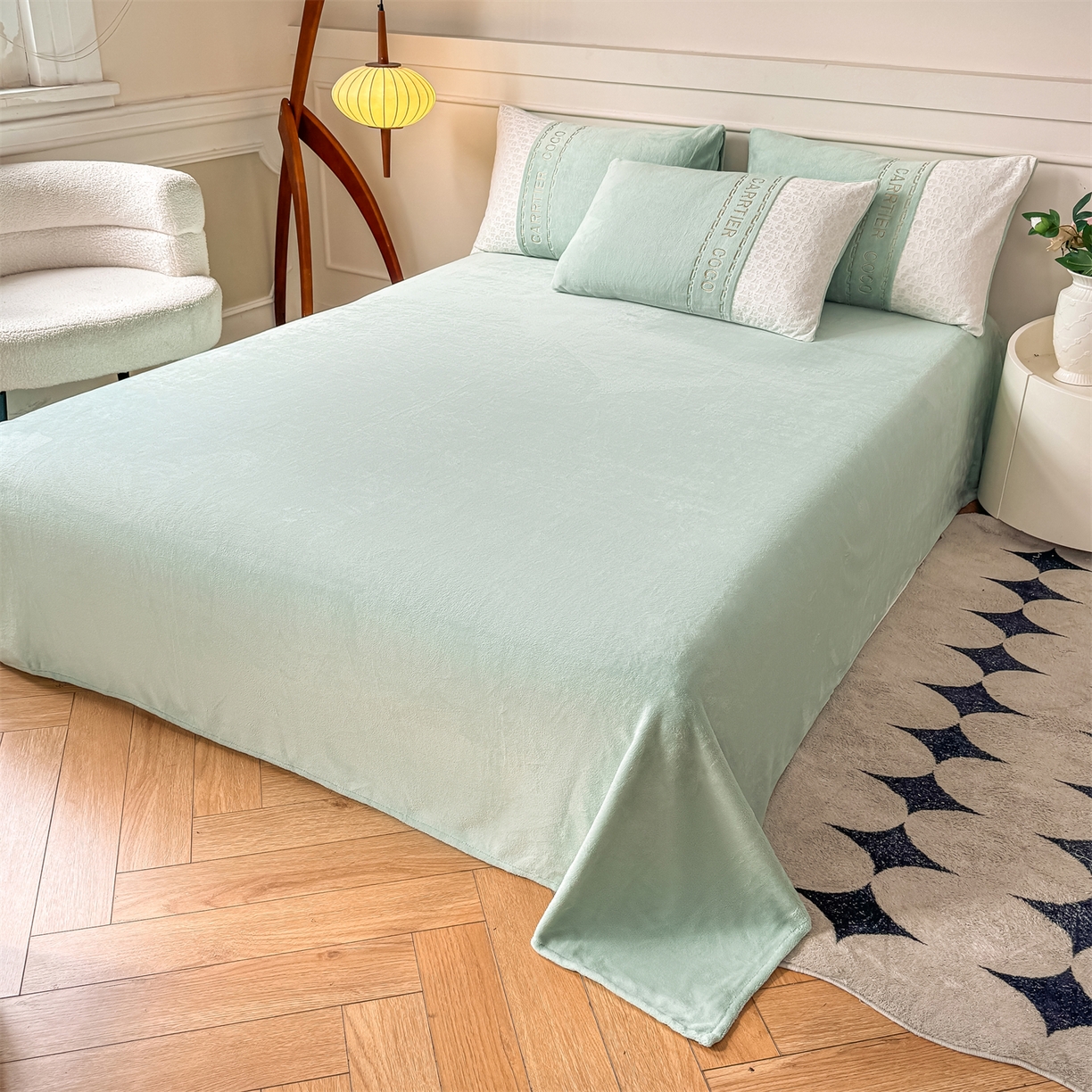 91家纺网 家纺一手货源 找家纺 灰鲸 2025新款牛奶绒拼接刺绣雕花套件-露娜 露娜-抹茶绿