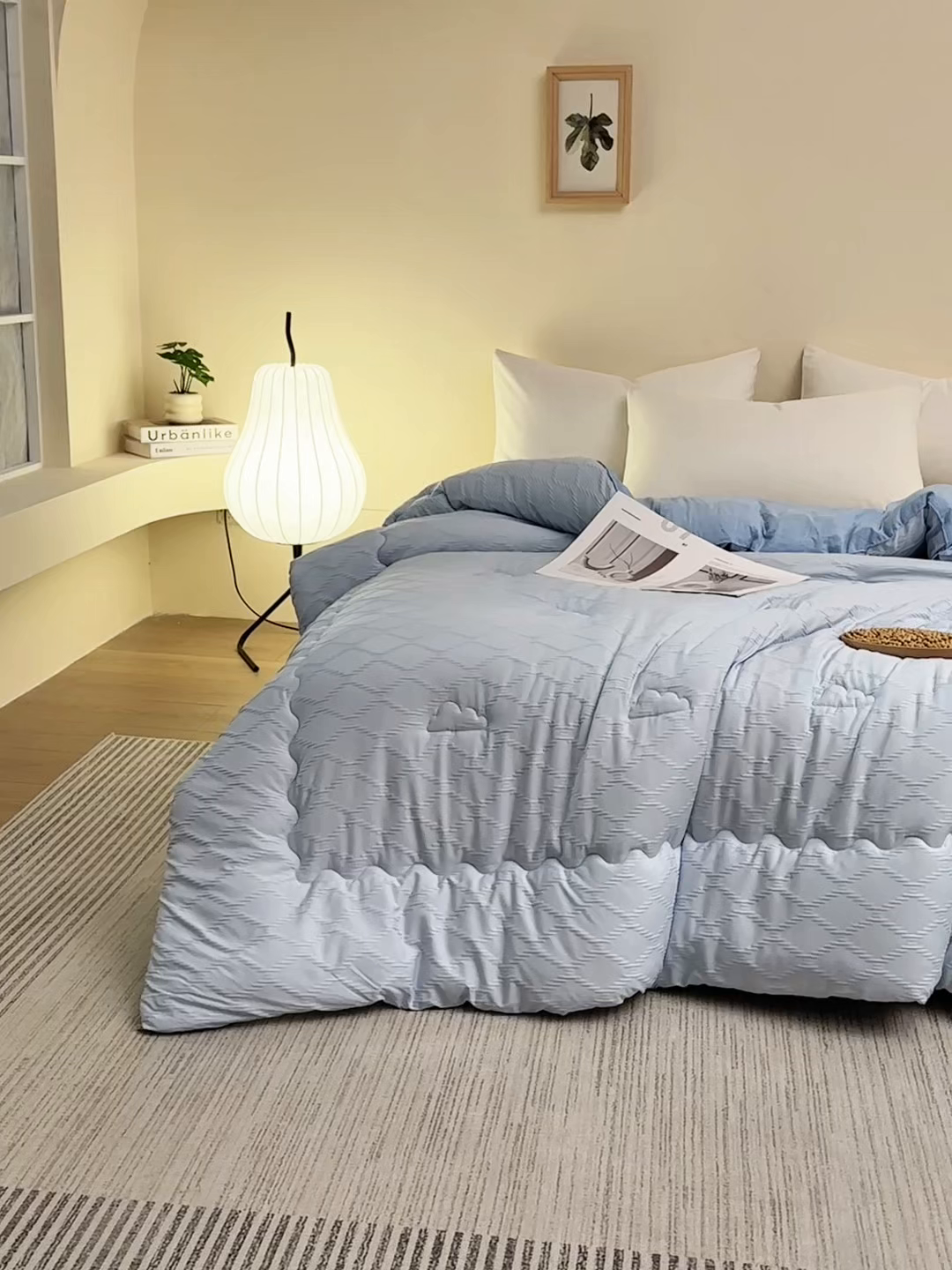 91家纺网 家纺一手货源 找家纺 爱彼家纺 2025新款直播热卖A类菱形格提花大豆被春秋被冬被 菱形提花大豆被-天蓝