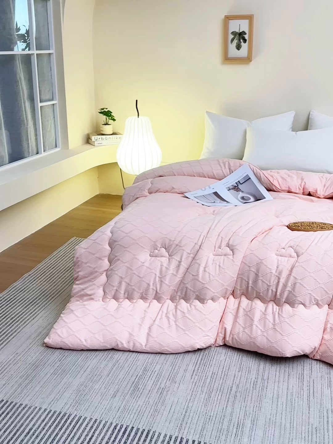 91家纺网 家纺一手货源 找家纺 爱彼家纺 2025新款直播热卖A类菱形格提花大豆被春秋被冬被 菱形提花大豆被-玉粉