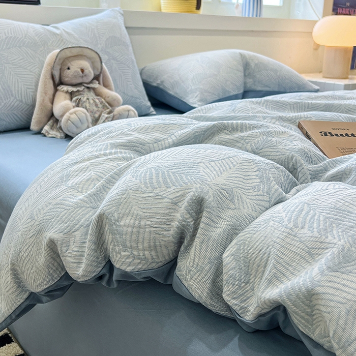 91家纺网 家纺一手货源 找家纺 眠博士 2025新款全棉提花磨毛加厚保暖四件套 提花磨毛套件-枫叶蓝