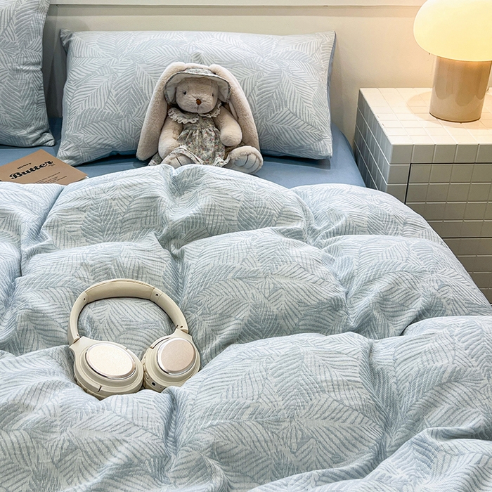 91家纺网 家纺一手货源 找家纺 眠博士 2025新款全棉提花磨毛加厚保暖四件套 提花磨毛套件-枫叶蓝