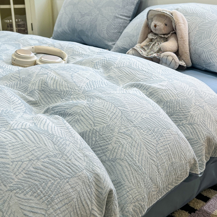 91家纺网 家纺一手货源 找家纺 眠博士 2025新款全棉提花磨毛加厚保暖四件套 提花磨毛套件-枫叶蓝