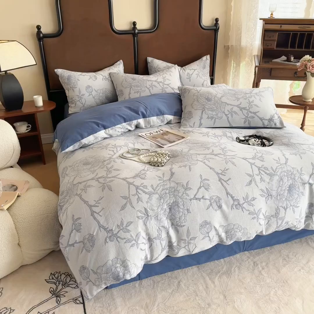 91家纺网 家纺一手货源 找家纺 眠博士 2025新款全棉提花磨毛加厚保暖四件套 提花磨毛套件-馥郁