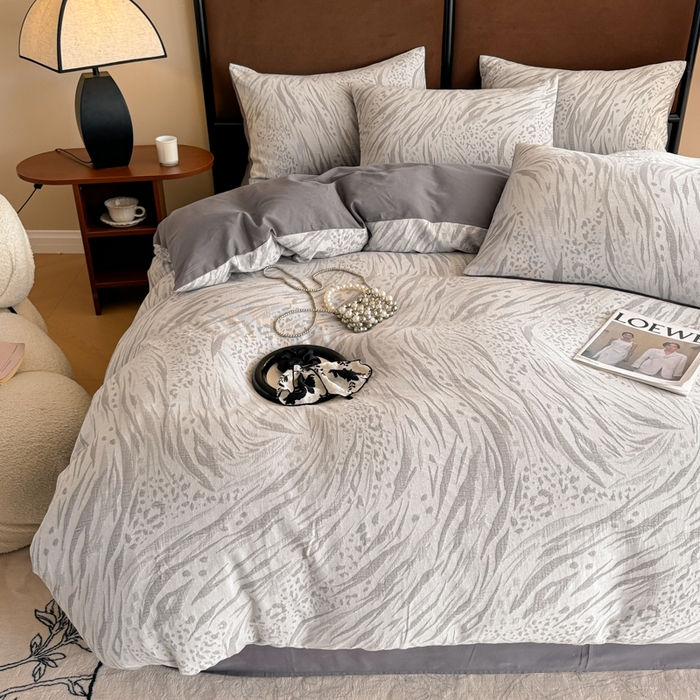 91家纺网 家纺一手货源 找家纺 眠博士 2025新款全棉提花磨毛加厚保暖四件套 提花磨毛套件-流年-灰