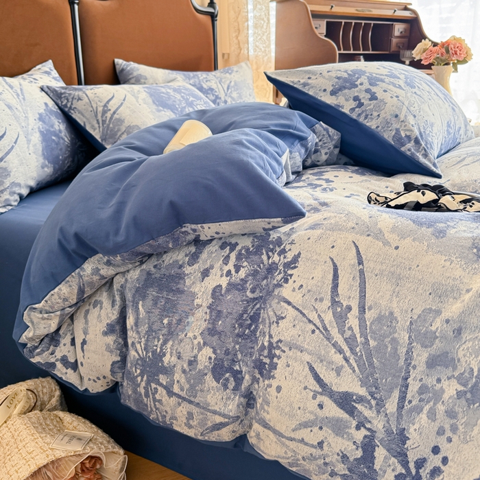 91家纺网 家纺一手货源 找家纺 眠博士 2025新款全棉提花磨毛加厚保暖四件套 提花磨毛套件-墨染