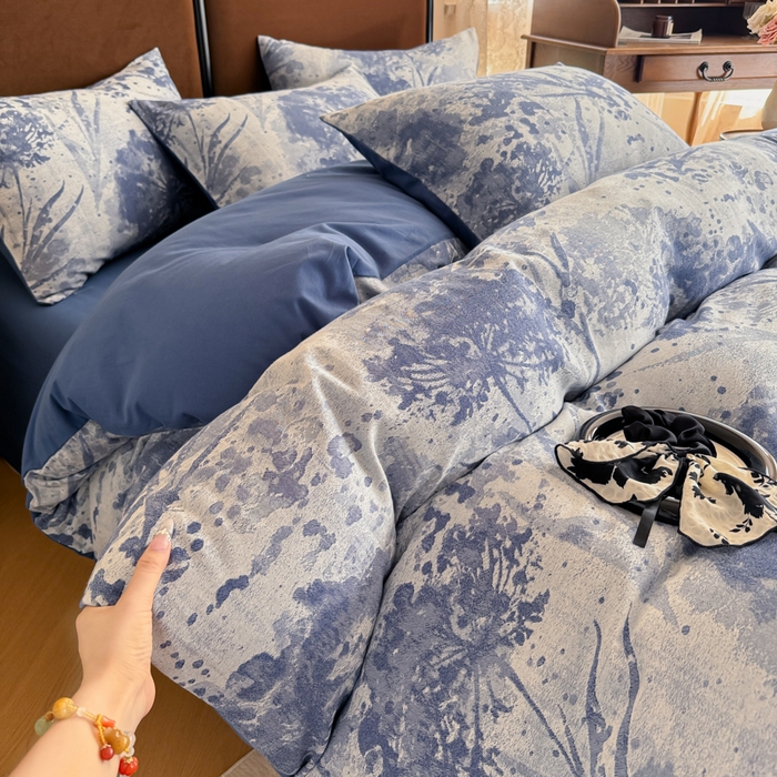 91家纺网 家纺一手货源 找家纺 眠博士 2025新款全棉提花磨毛加厚保暖四件套 提花磨毛套件-墨染