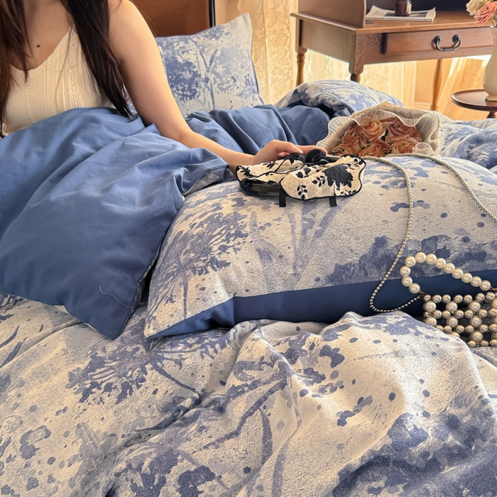 91家纺网 家纺一手货源 找家纺 眠博士 2025新款全棉提花磨毛加厚保暖四件套 提花磨毛套件-墨染