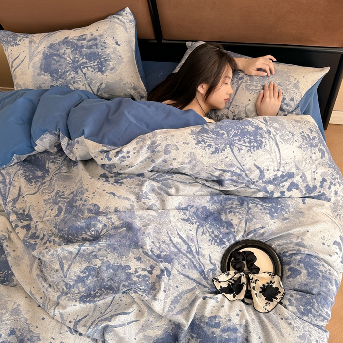 91家纺网 家纺一手货源 找家纺 眠博士 2025新款全棉提花磨毛加厚保暖四件套 提花磨毛套件-墨染