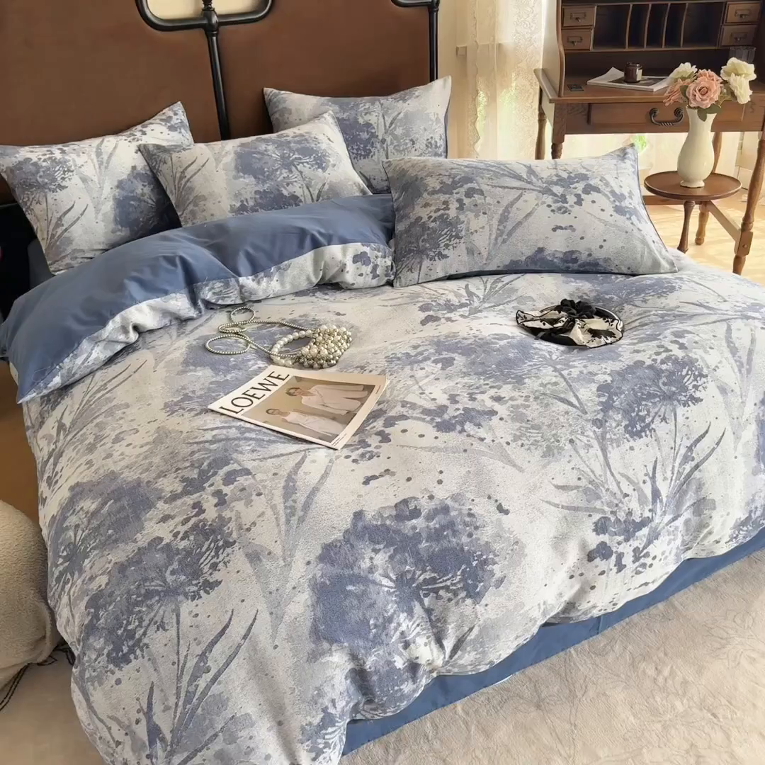 91家纺网 家纺一手货源 找家纺 眠博士 2025新款全棉提花磨毛加厚保暖四件套 提花磨毛套件-墨染