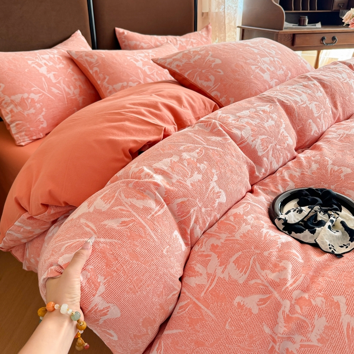 91家纺网 家纺一手货源 找家纺 眠博士 2025新款全棉提花磨毛加厚保暖四件套 提花磨毛套件-阡陌-橙