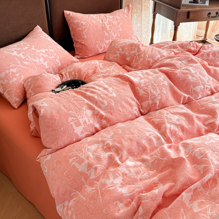 91家纺网 家纺一手货源 找家纺 眠博士 2025新款全棉提花磨毛加厚保暖四件套 提花磨毛套件-阡陌-橙