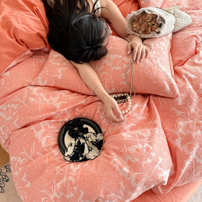 91家纺网 家纺一手货源 找家纺 眠博士 2025新款全棉提花磨毛加厚保暖四件套 提花磨毛套件-阡陌-橙