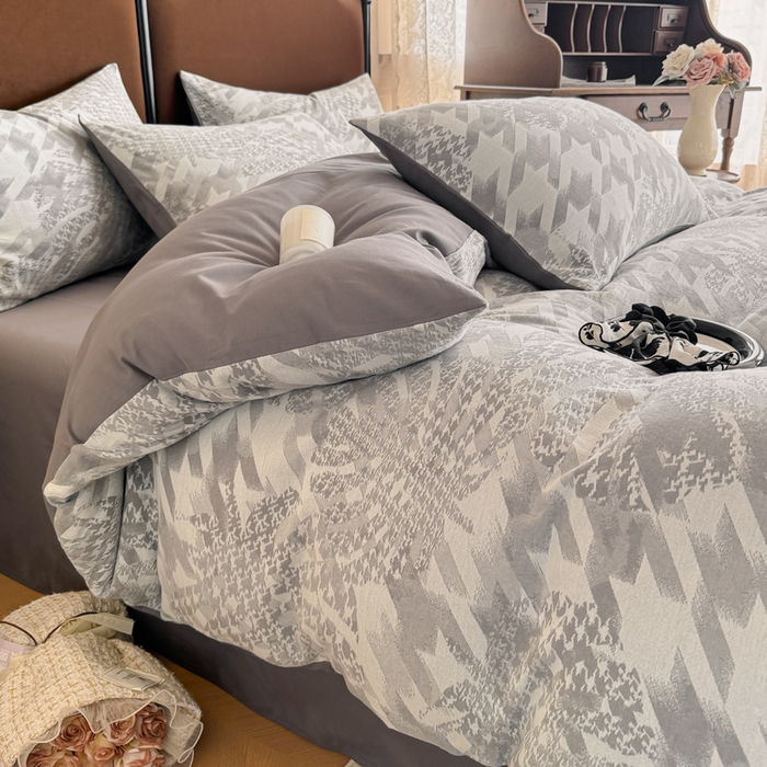 91家纺网 家纺一手货源 找家纺 眠博士 2025新款全棉提花磨毛加厚保暖四件套 提花磨毛套件-星蕴-灰