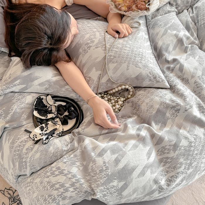 91家纺网 家纺一手货源 找家纺 眠博士 2025新款全棉提花磨毛加厚保暖四件套 提花磨毛套件-星蕴-灰