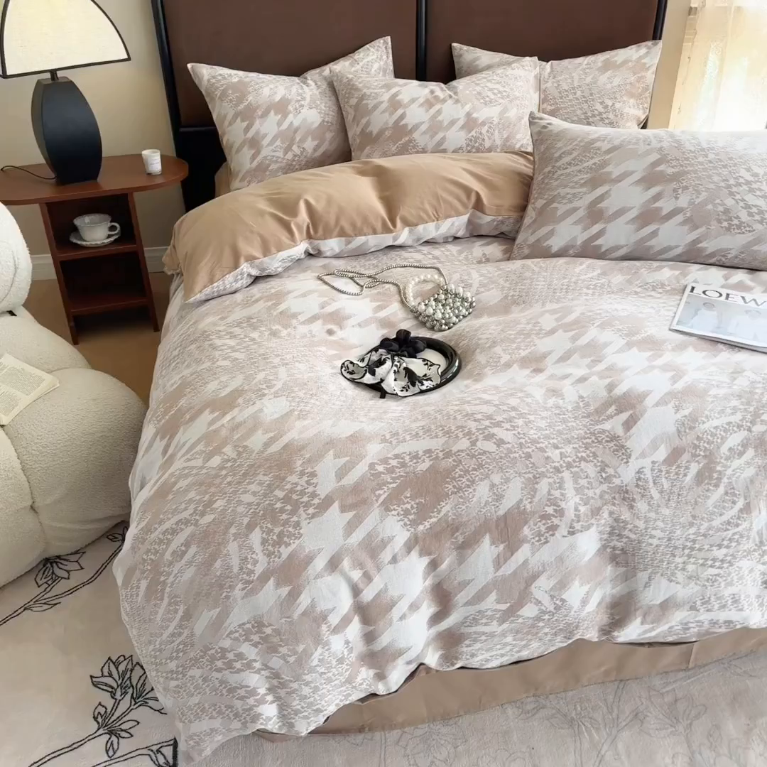 91家纺网 家纺一手货源 找家纺 眠博士 2025新款全棉提花磨毛加厚保暖四件套 提花磨毛套件-星蕴-咖