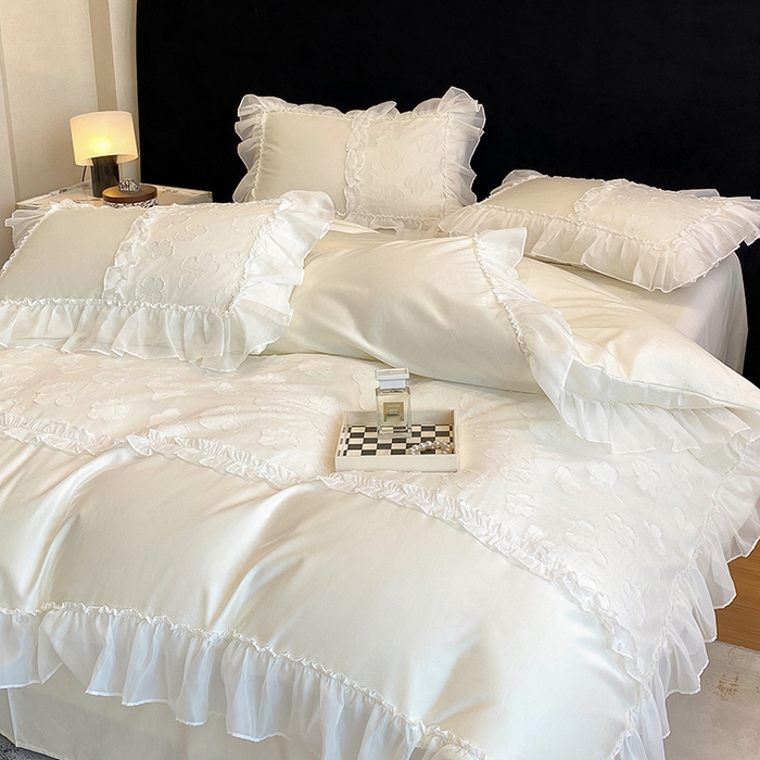 91家纺网 家纺一手货源 找家纺 （总）丞音 2025新款法式轻奢A类长绒棉50s双股100支贡缎全棉被套纯棉四件套床笠高档礼盒包装-丽芙系列