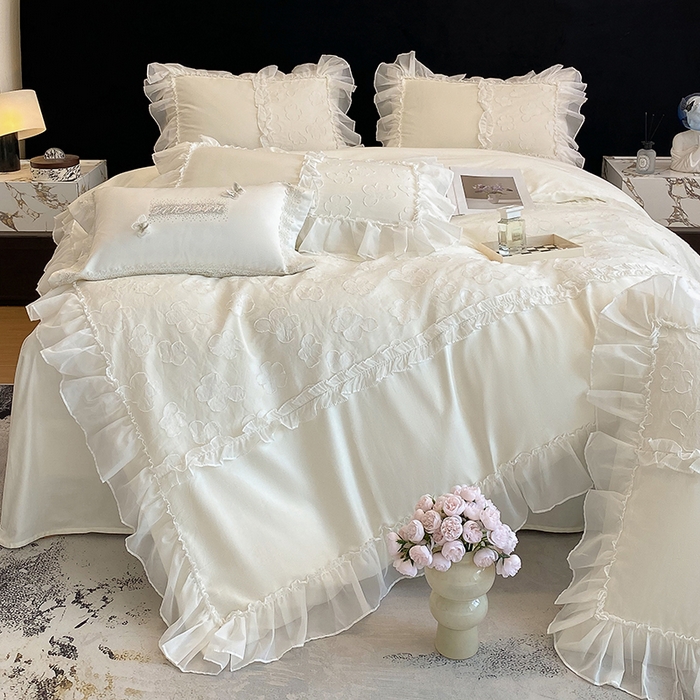 91家纺网 家纺一手货源 找家纺 （总）丞音 2025新款法式轻奢A类长绒棉50s双股100支贡缎全棉被套纯棉四件套床笠高档礼盒包装-丽芙系列