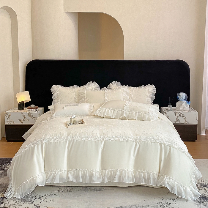 91家纺网 家纺一手货源 找家纺 丞音 2025新款法式轻奢A类长绒棉50s双股100支贡缎全棉被套纯棉四件套床笠高档礼盒包装-丽芙系列 丽芙-高级白