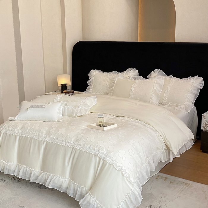 91家纺网 家纺一手货源 找家纺 丞音 2025新款法式轻奢A类长绒棉50s双股100支贡缎全棉被套纯棉四件套床笠高档礼盒包装-丽芙系列 丽芙-高级白