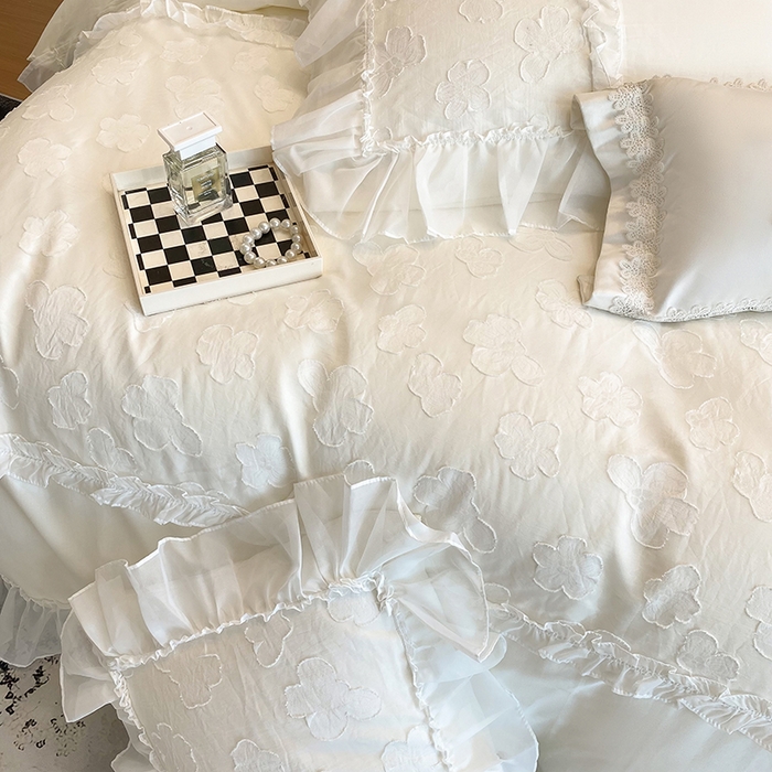 91家纺网 家纺一手货源 找家纺 丞音 2025新款法式轻奢A类长绒棉50s双股100支贡缎全棉被套纯棉四件套床笠高档礼盒包装-丽芙系列 丽芙-高级白