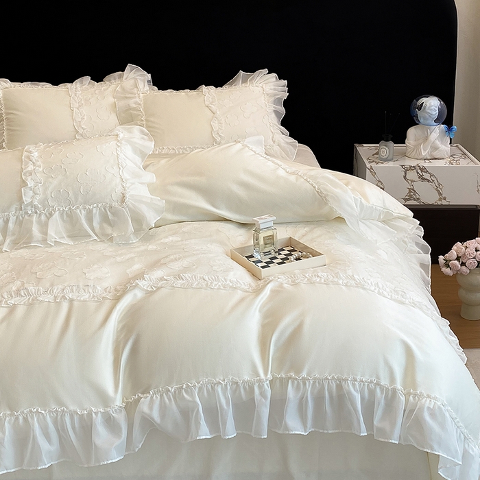 91家纺网 家纺一手货源 找家纺 丞音 2025新款法式轻奢A类长绒棉50s双股100支贡缎全棉被套纯棉四件套床笠高档礼盒包装-丽芙系列 丽芙-高级白