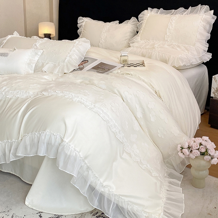 91家纺网 家纺一手货源 找家纺 丞音 2025新款法式轻奢A类长绒棉50s双股100支贡缎全棉被套纯棉四件套床笠高档礼盒包装-丽芙系列 丽芙-高级白