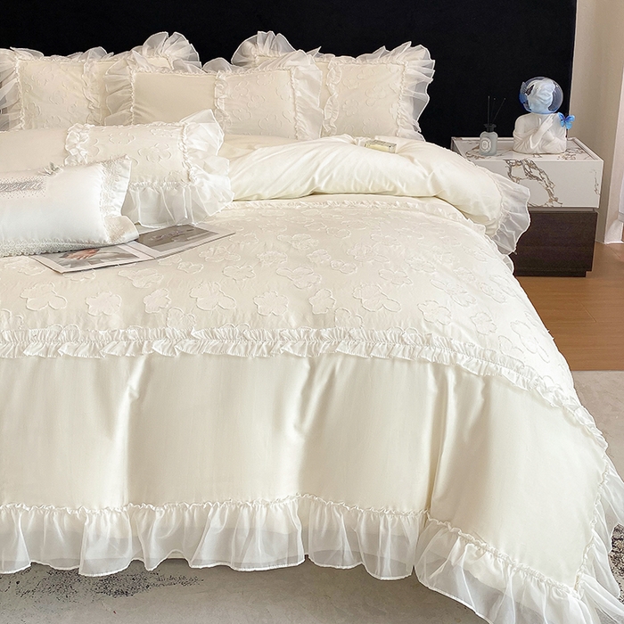 91家纺网 家纺一手货源 找家纺 丞音 2025新款法式轻奢A类长绒棉50s双股100支贡缎全棉被套纯棉四件套床笠高档礼盒包装-丽芙系列 丽芙-高级白