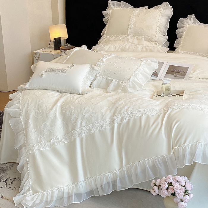 91家纺网 家纺一手货源 找家纺 丞音 2025新款法式轻奢A类长绒棉50s双股100支贡缎全棉被套纯棉四件套床笠高档礼盒包装-丽芙系列 丽芙-高级白