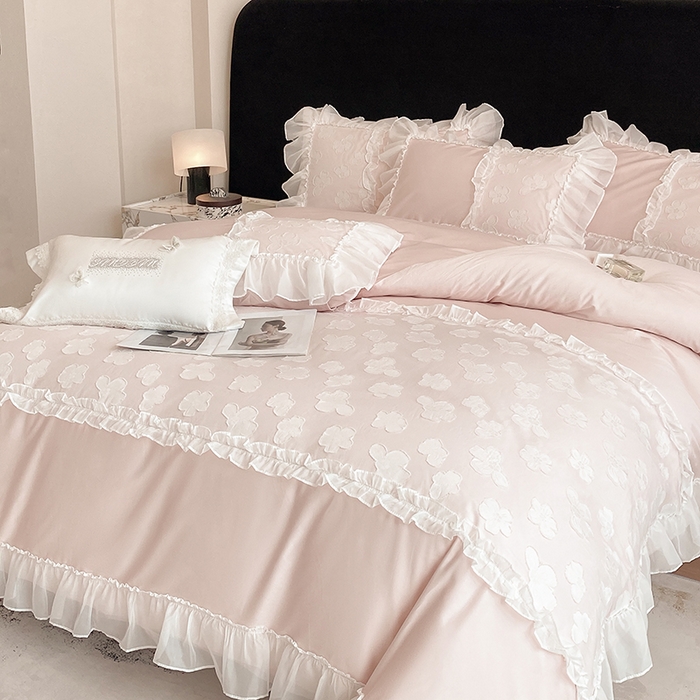 91家纺网 家纺一手货源 找家纺 丞音 2025新款法式轻奢A类长绒棉50s双股100支贡缎全棉被套纯棉四件套床笠高档礼盒包装-丽芙系列 丽芙-优雅粉