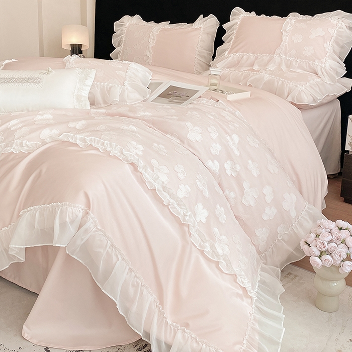 91家纺网 家纺一手货源 找家纺 丞音 2025新款法式轻奢A类长绒棉50s双股100支贡缎全棉被套纯棉四件套床笠高档礼盒包装-丽芙系列 丽芙-优雅粉