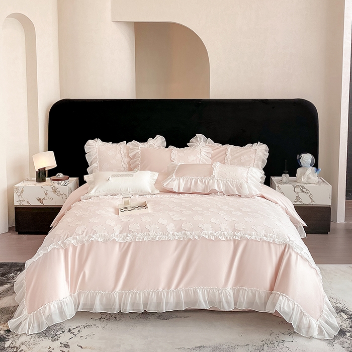 91家纺网 家纺一手货源 找家纺 丞音 2025新款法式轻奢A类长绒棉50s双股100支贡缎全棉被套纯棉四件套床笠高档礼盒包装-丽芙系列 丽芙-优雅粉