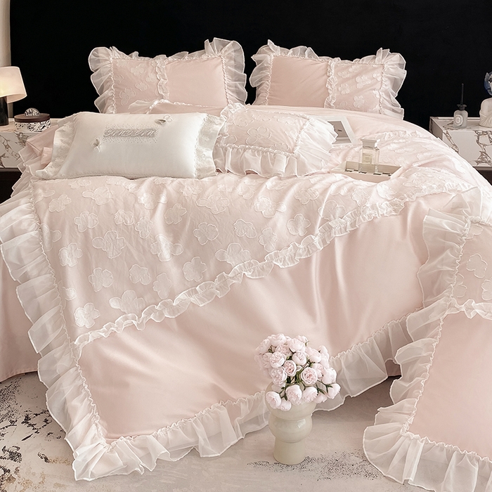 91家纺网 家纺一手货源 找家纺 丞音 2025新款法式轻奢A类长绒棉50s双股100支贡缎全棉被套纯棉四件套床笠高档礼盒包装-丽芙系列 丽芙-优雅粉