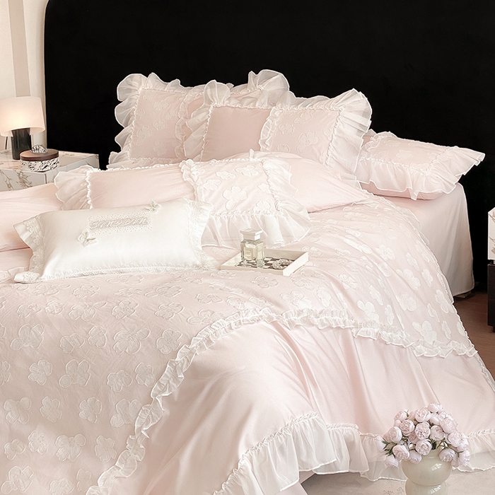 91家纺网 家纺一手货源 找家纺 丞音 2025新款法式轻奢A类长绒棉50s双股100支贡缎全棉被套纯棉四件套床笠高档礼盒包装-丽芙系列 丽芙-优雅粉