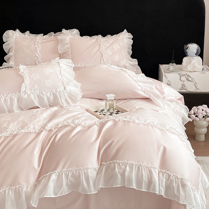 91家纺网 家纺一手货源 找家纺 丞音 2025新款法式轻奢A类长绒棉50s双股100支贡缎全棉被套纯棉四件套床笠高档礼盒包装-丽芙系列 丽芙-优雅粉