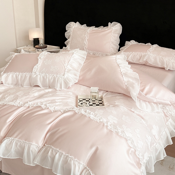 91家纺网 家纺一手货源 找家纺 丞音 2025新款法式轻奢A类长绒棉50s双股100支贡缎全棉被套纯棉四件套床笠高档礼盒包装-丽芙系列 丽芙-优雅粉