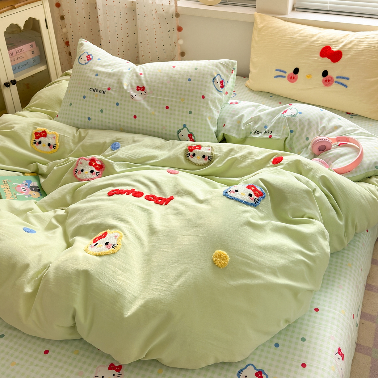 91家纺网 家纺一手货源 找家纺 卡迪熊家纺 2025新款水洗棉毛巾绣可爱猫咪系列 晚安喵-绿