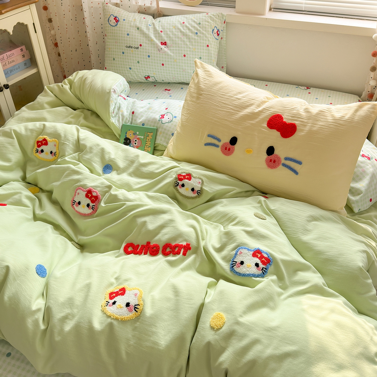 91家纺网 家纺一手货源 找家纺 卡迪熊家纺 2025新款水洗棉毛巾绣可爱猫咪系列 晚安喵-绿