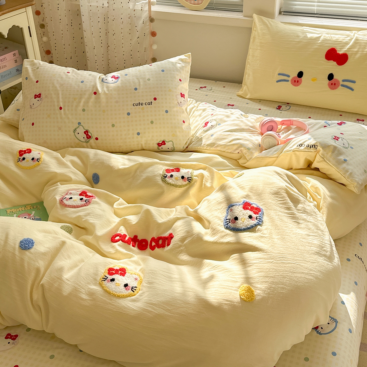 91家纺网 家纺一手货源 找家纺 卡迪熊家纺 2025新款水洗棉毛巾绣可爱猫咪系列 晚安喵-黄