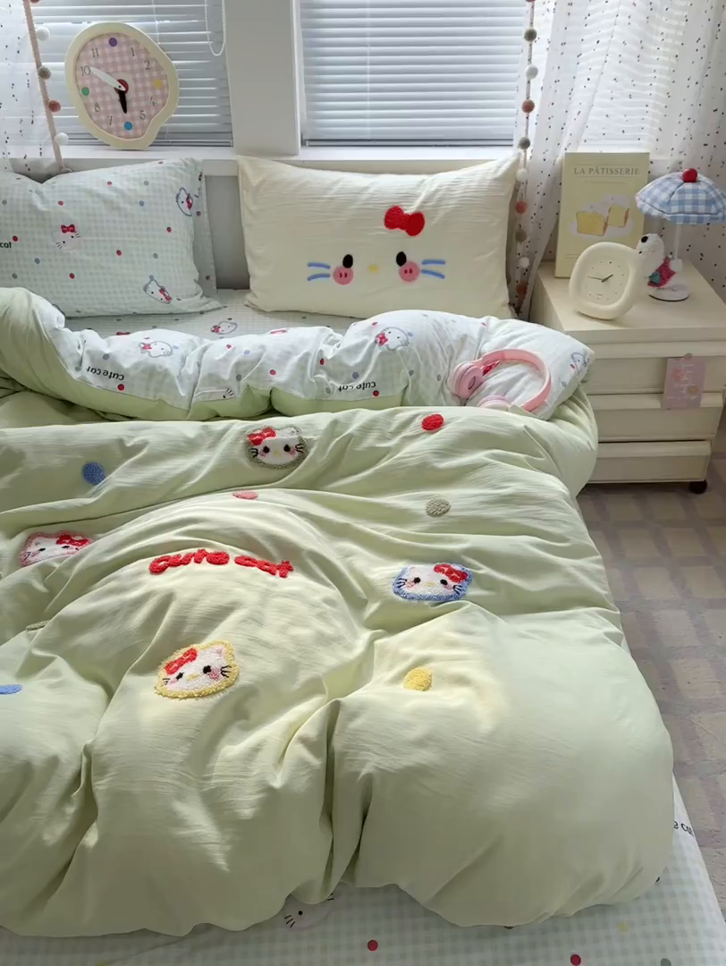 91家纺网 家纺一手货源 找家纺 卡迪熊家纺 2025新款水洗棉毛巾绣可爱猫咪系列 晚安喵-绿