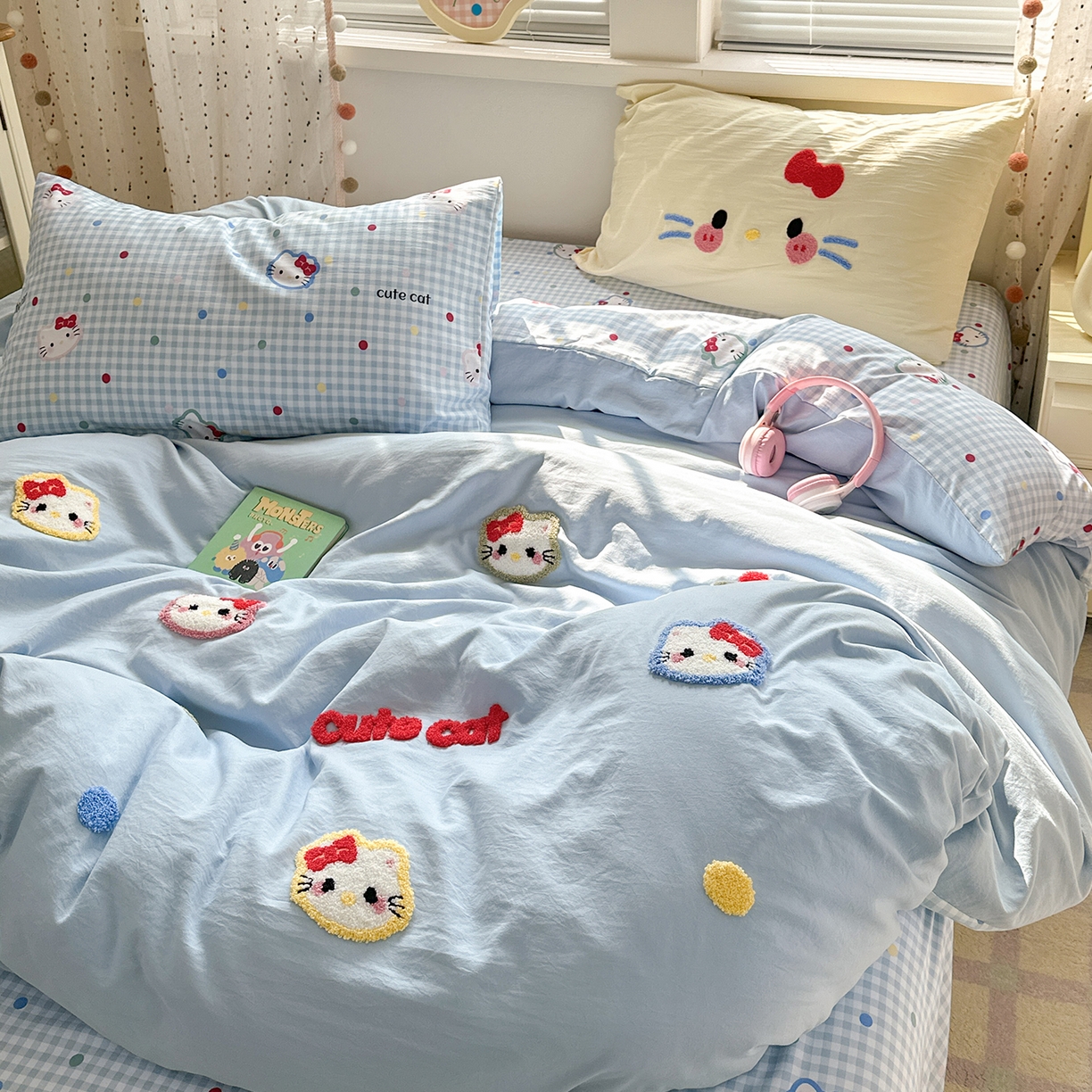 91家纺网 家纺一手货源 找家纺 卡迪熊家纺 2025新款水洗棉毛巾绣可爱猫咪系列 晚安喵-蓝