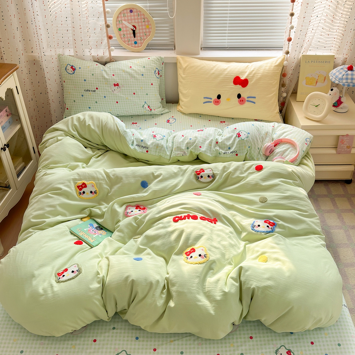 彩韵家纺 2025新款水洗棉毛巾绣可爱猫咪系列 晚安喵-绿