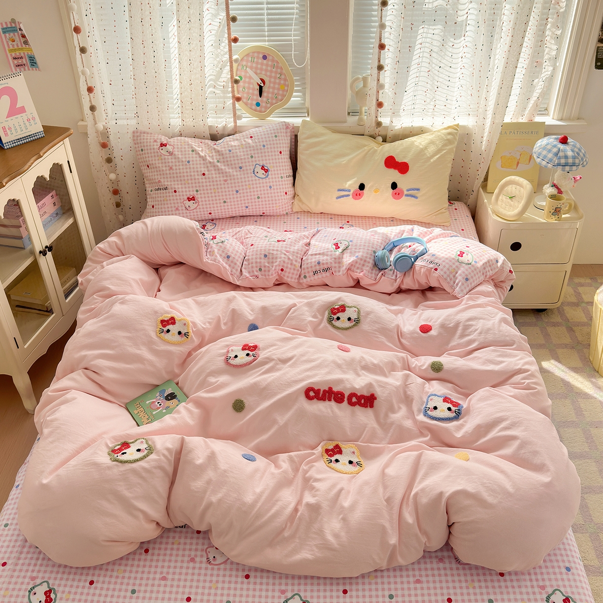 彩韵家纺 2025新款水洗棉毛巾绣可爱猫咪系列 晚安喵-粉