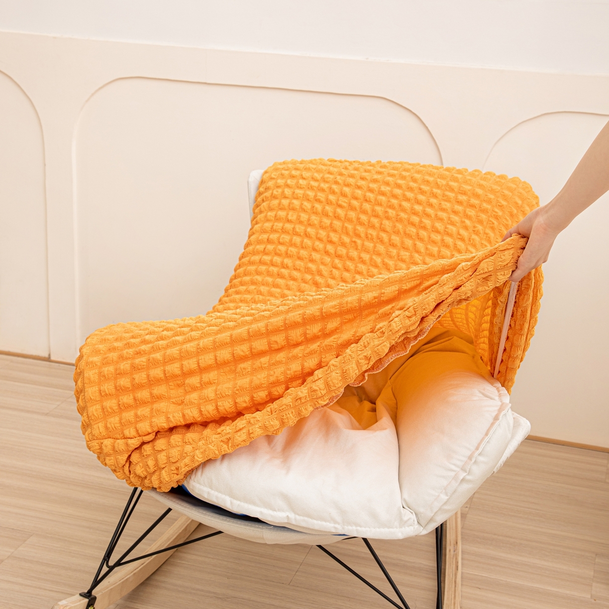 91家纺网 家纺一手货源 找家纺 沐沐家纺 2026新款泡泡纱龙虾椅套 橙色