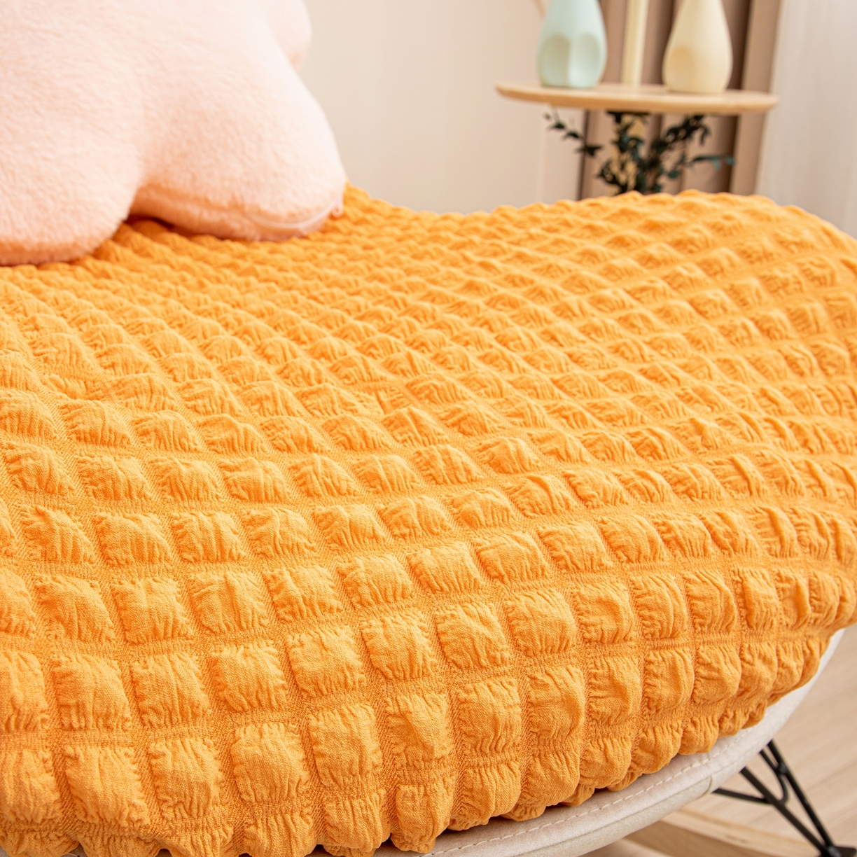 91家纺网 家纺一手货源 找家纺 沐沐家纺 2026新款泡泡纱龙虾椅套 橙色