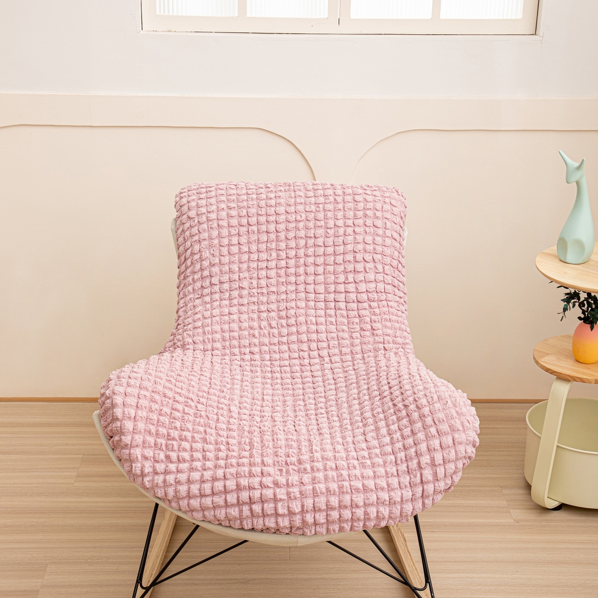 91家纺网 家纺一手货源 找家纺 沐沐家纺 2026新款泡泡纱龙虾椅套 粉色