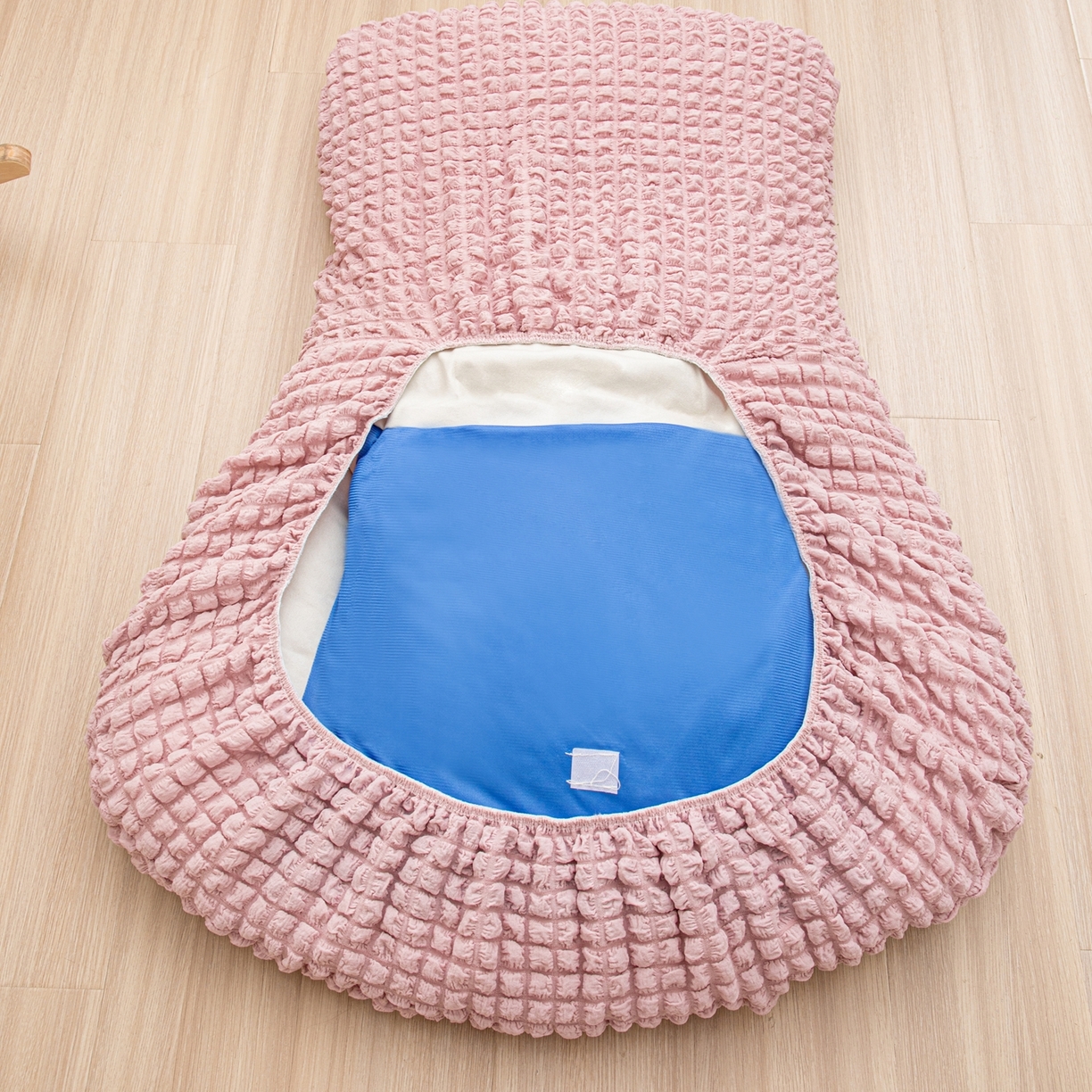 91家纺网 家纺一手货源 找家纺 沐沐家纺 2026新款泡泡纱龙虾椅套 粉色