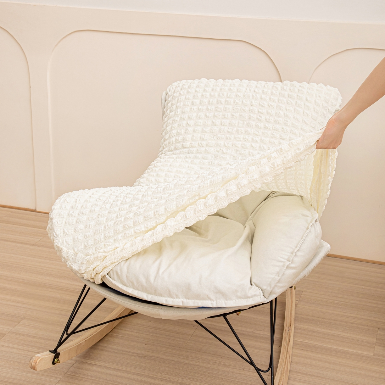 91家纺网 家纺一手货源 找家纺 沐沐家纺 2026新款泡泡纱龙虾椅套 米白