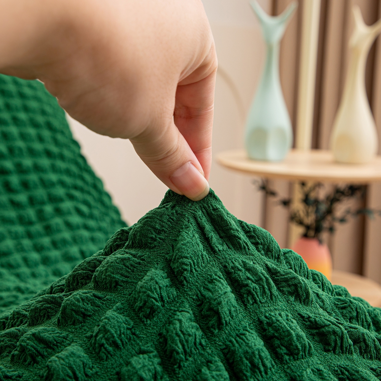 91家纺网 家纺一手货源 找家纺 沐沐家纺 2026新款泡泡纱龙虾椅套 墨绿