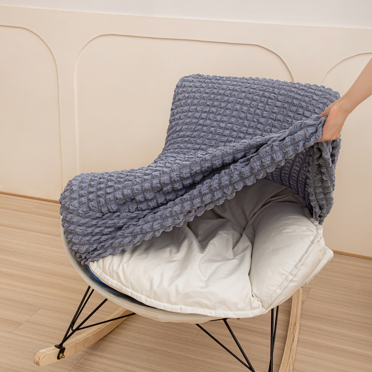 91家纺网 家纺一手货源 找家纺 沐沐家纺 2026新款泡泡纱龙虾椅套 浅灰