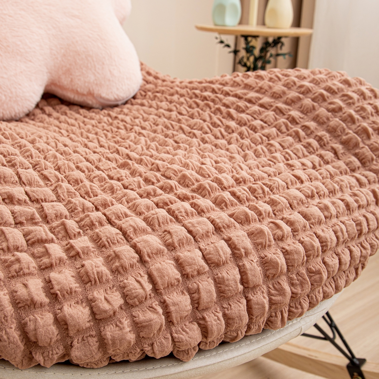 91家纺网 家纺一手货源 找家纺 沐沐家纺 2026新款泡泡纱龙虾椅套 驼色